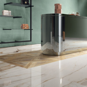 ANTIQUE WHITE 120X120 LUX+ + NORDIK WOOD PALACE BEIGEGOLD 60X60